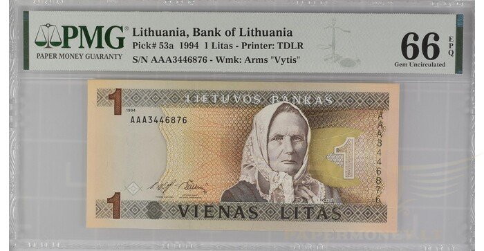 #53 1994 m. 1 litas  AAA serija PMG66!