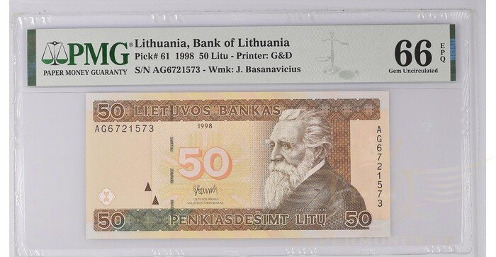 #61 1998 m. 50 litų  AG serija UNC PMG66!