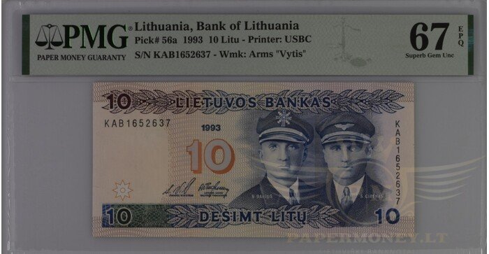 #56 1993 m. 10 litų  KAB serija PMG67!